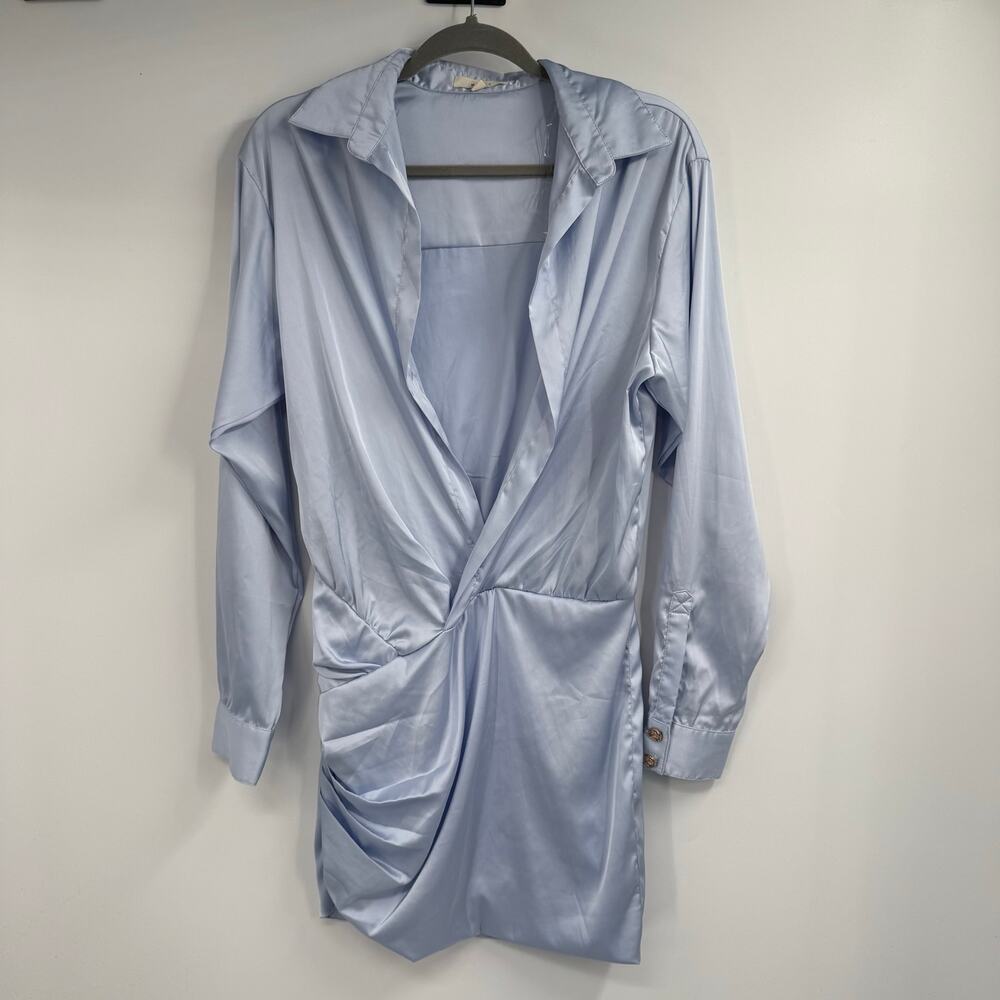 Mable Satin Wrap Mini Dress Womens Large Light Blue Ruched Long Sleeve Cocktail